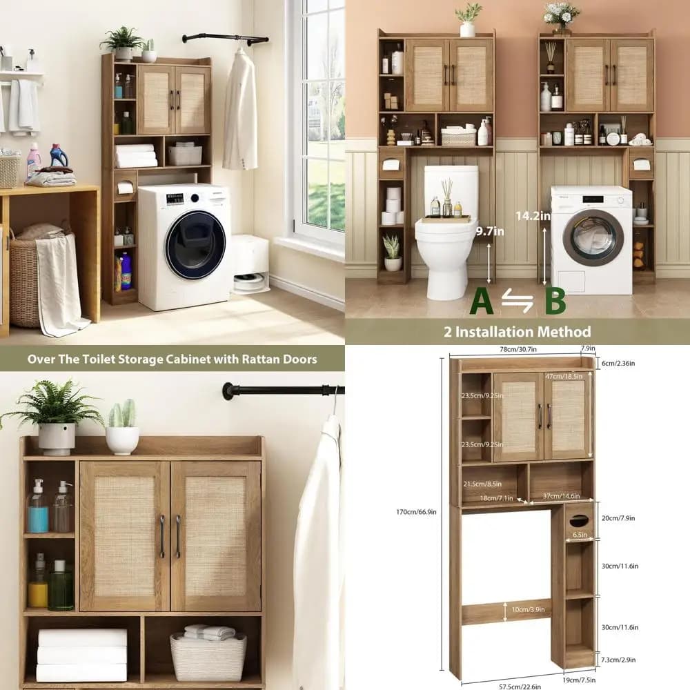 Mobiletto da bagno sopra il WC con 2 ripiani regolabili e porta carta igienica, Rovere Rustico