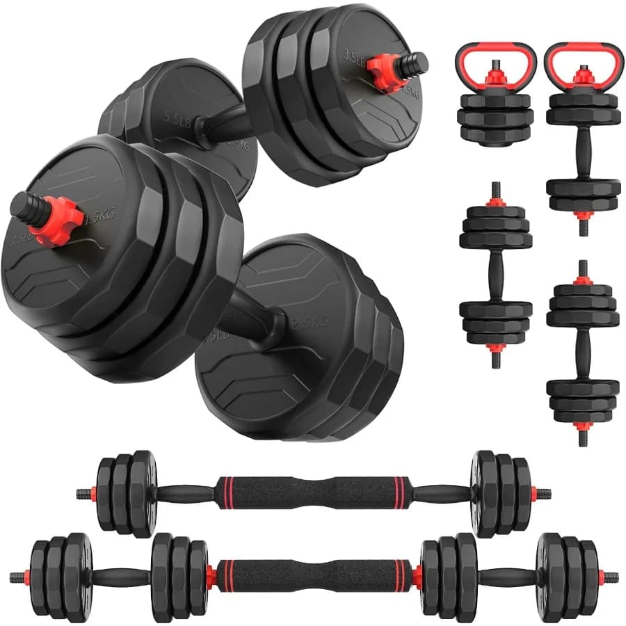 Set of adjustable handlebars Set of free weights from 20/35/45/55/70/90 pounds with updated nut 5 in 1 weight set Used as kettlebells Balancer Pu