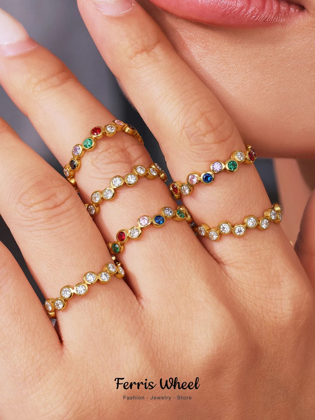 Colorful Zircon Rings for Women Waterproof Stainless Steel Gold Plated Luxury Index Ring Daily Banquet Wedding Jewelry
