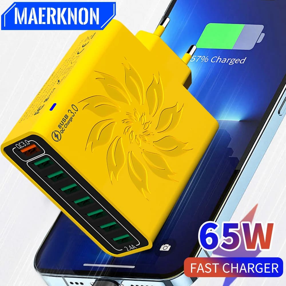 Caricabatterie USB totale 65W 8 porte adattatori per caricabatterie per telefono cellulare a ricarica rapida per iPhone Samsung Xiaomi QC3.0 caricabatterie per spina EU/US/KR