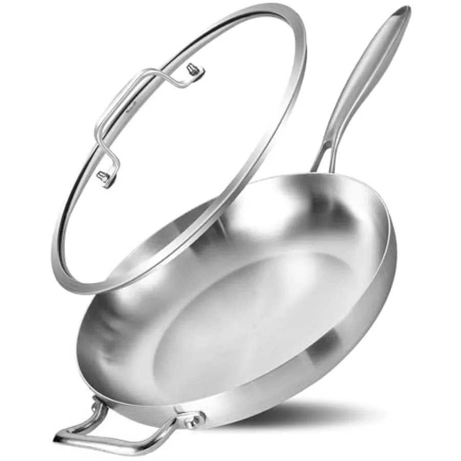 Padella in Acciaio Inox Tri-Ply da 12 Pollici con Coperchio e Manico Staccabile - Compatibile con Induzione, Forno e Lavastoviglie