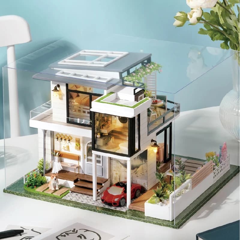 Case delle bambole in legno fai-da-te Kit di costruzione in miniatura con mobili Villa europea leggera Casa delle bambole assemblata per regali per ragazze