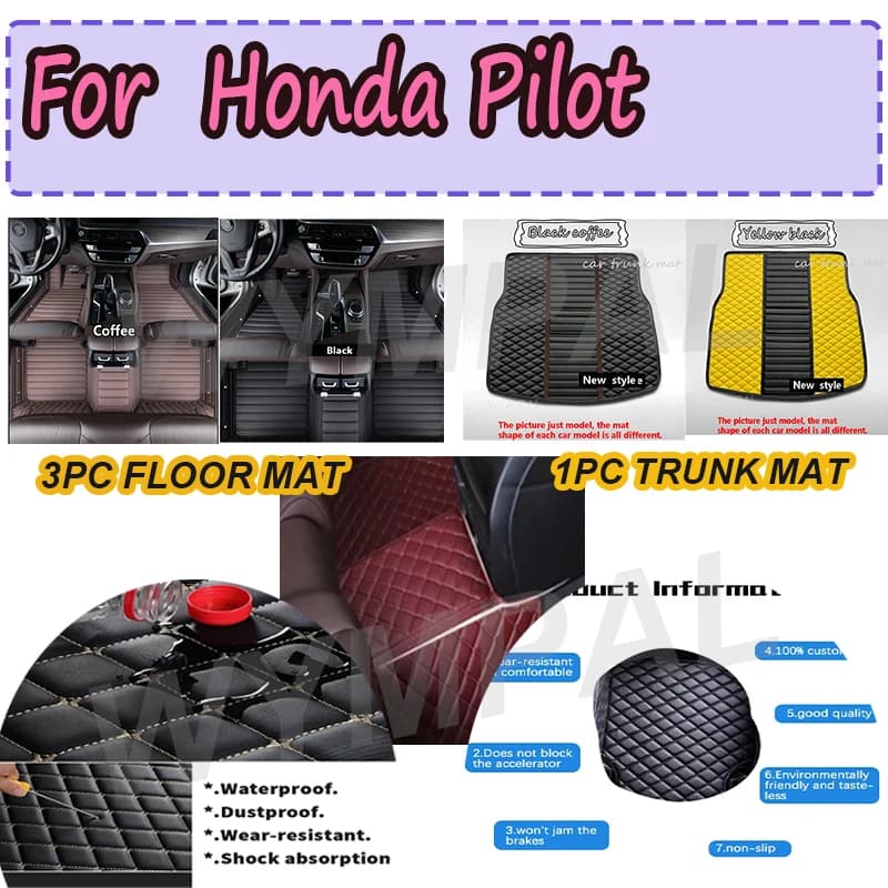 LUXURY Custom Fit Automotive Car Floor Mats For Honda Pilot 2016 2017 2018 2019 2020 2021 2022 Luxury Leather