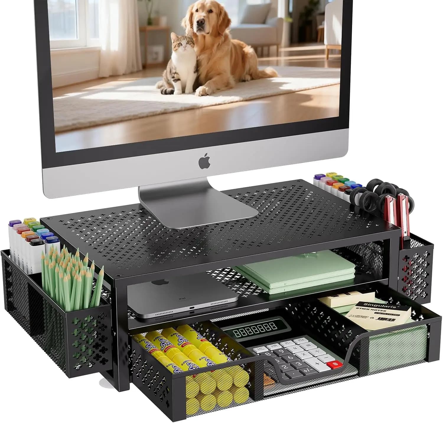2-Tier Metal Monitor Stand with Drawer & Pen Holder, Black, Ergonomic Desk Organizer