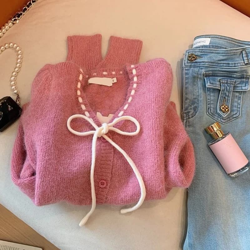 Spring Autumn Sweet Solid Color Small Fragrant Style V-neck Knitted Cardigan Casual Korean Bow Tie Versatile Women Sweater Tops