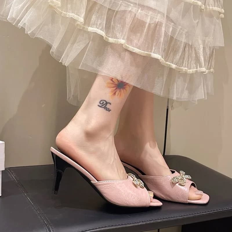 Summer Heels Slippers Women Crystal Bow-Knot Decor High Heels Sandals Sexy Party Dress Shoes