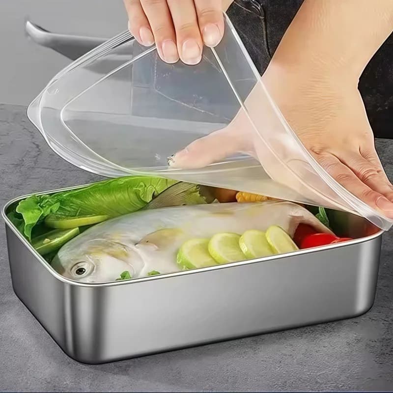 Square Plate Thickened Stainless Steel Rectangular Food Pot With Lid Tray For Commercial Plates Refreshing Dining Container