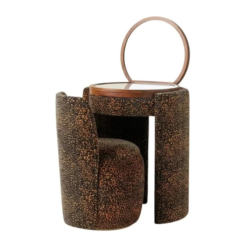 Set da bagno di lusso moderno con specchio e sgabello, piano rotondo imbottito con stampa leopardata, in legno massello.