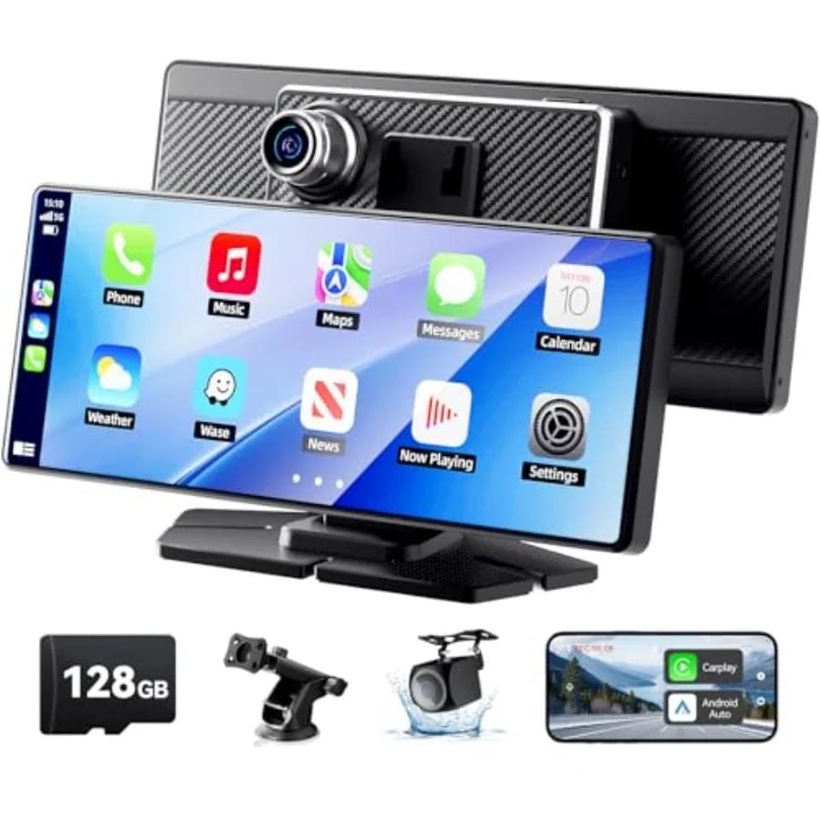 Schermo Carplay per Auto: Stereo Portatile HD 8.1 Pollici con Touch Screen, Plastica ABS Nera, Dash Cam 4K, Integrazione Telecamera di Retromarcia 1080P