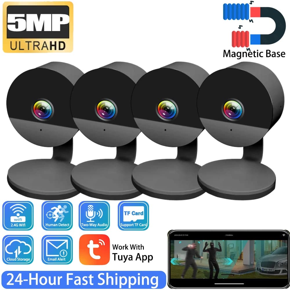 Mini telecamera magnetica Tuya wireless nera da 5 MP per visione notturna a colori impermeabile per il monitoraggio del bambino e la videosorveglianza esterna