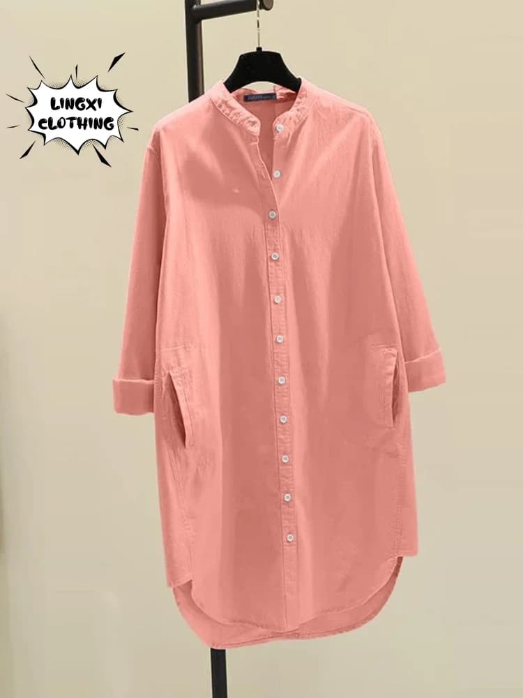 Moda nuova elegante camicia da donna in lino di cotone solido monopetto girocollo Casual stile pendolare camicia di media lunghezza