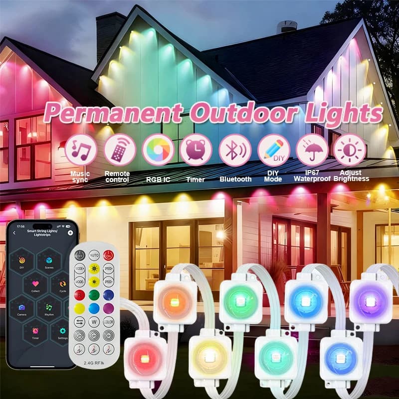 Luci esterne permanenti da 300FT Luci a grondaia intelligenti Cambia colore fai-da-te Sincronizzazione musicale Impermeabile dinamico per decorazioni da giardino per feste sul tetto
