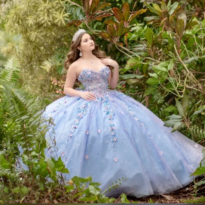 Personalizzato blu grigiastro con spalle scoperte Abito Quinceanera con paillettes Applique in pizzo fiore di cristallo Tull abiti da 15 Quinceanera