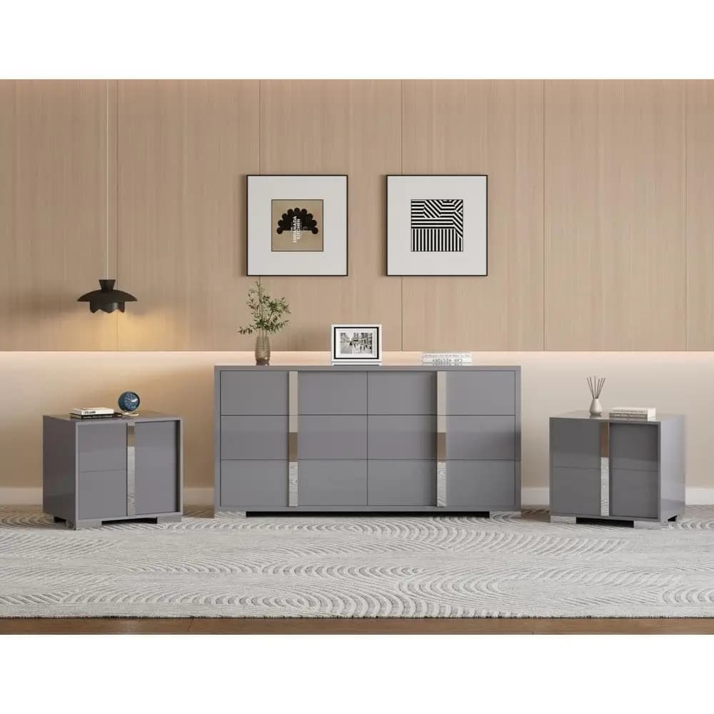 Set da camera da letto in 3 pezzi, due comodini da 23,6 pollici e cassettiera a 6 cassetti, cassetti con apertura silenziosa e maniglie in metallo, finitura moderna lucida UV.