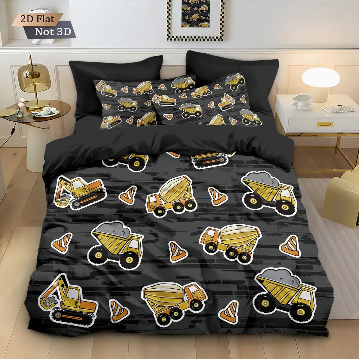 Set Cover Printed with 3 Theme Parts Excavator, Bedroom Decoration in Various Measures, Washable in Washing Machine