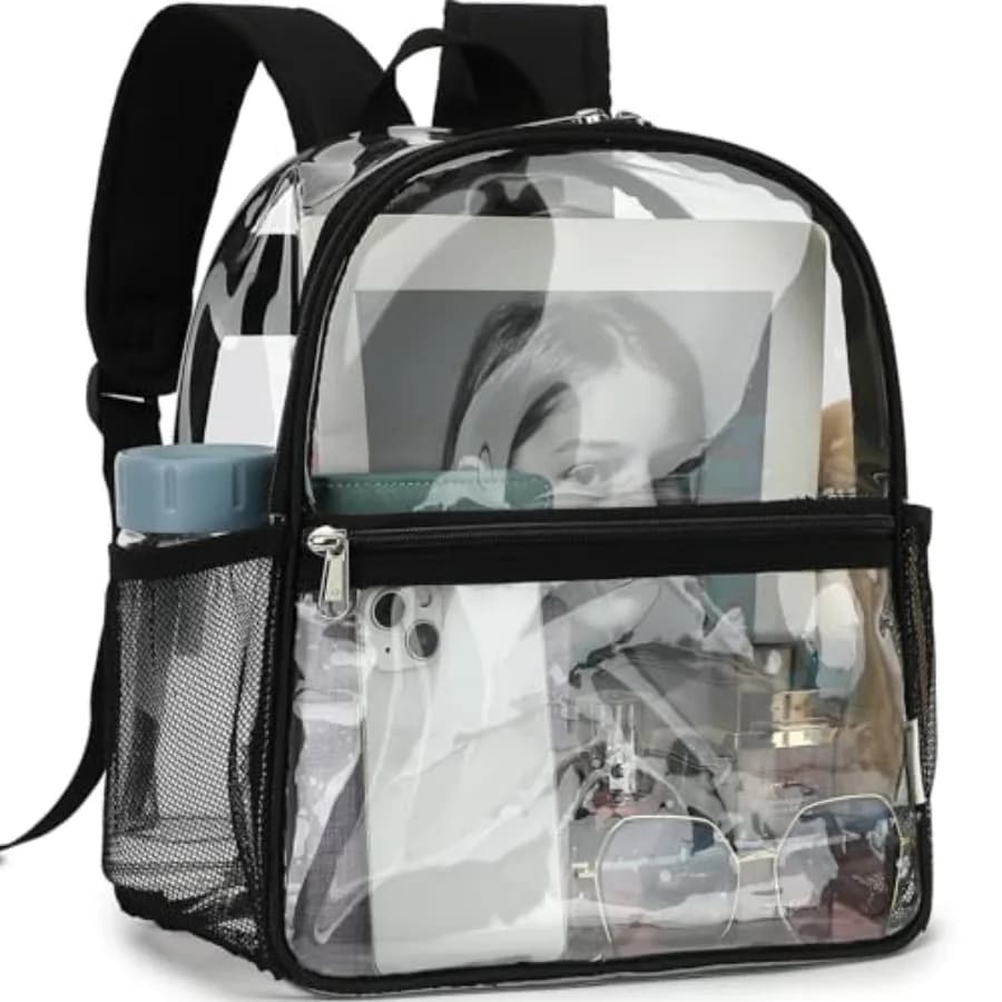 Clear Backpack Stadium Approved 12x6x12 - and Small Adult Transparent Backpack for School, Work, Sports, Concerts - Clear Bag