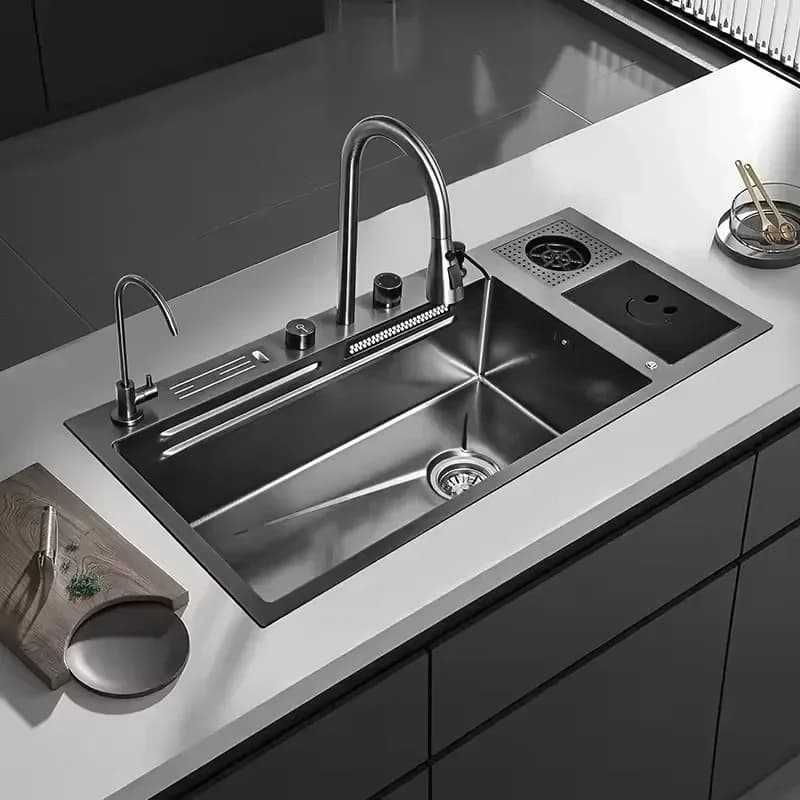 Multifunctional scratch-resistant knife holder, double bowl, square counter, waterfall, stainless steel kitchen sink set