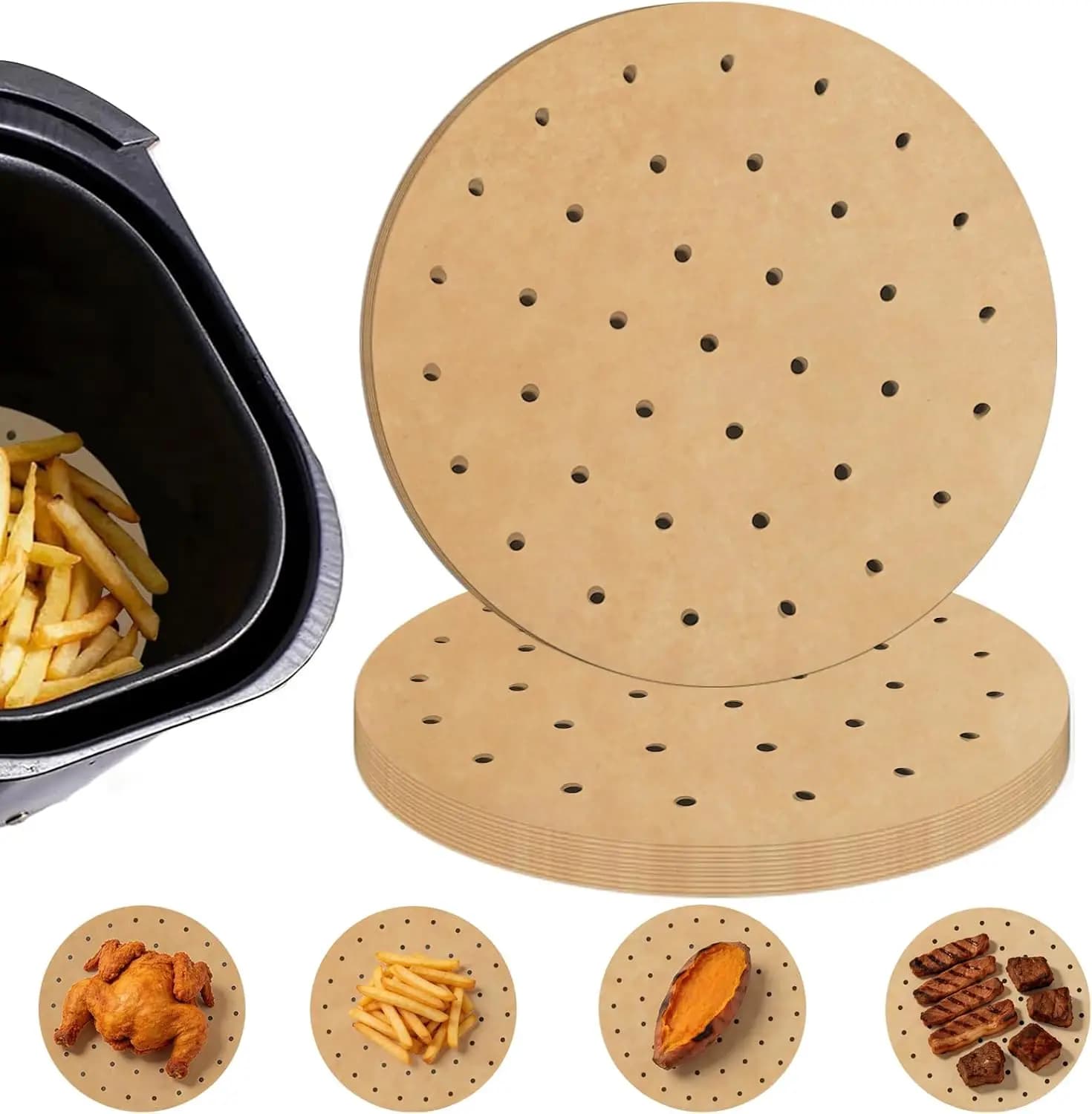 Numola Air Fryer Parchment Paper Liners, 8 Inch Disposable Papers Liner for 3.5-6QT Baking, 100 Pcs Pre-cut Air Fryer Paper, Non-stick Unbleached Steamer Liner for Microwave, Steaming Basket
