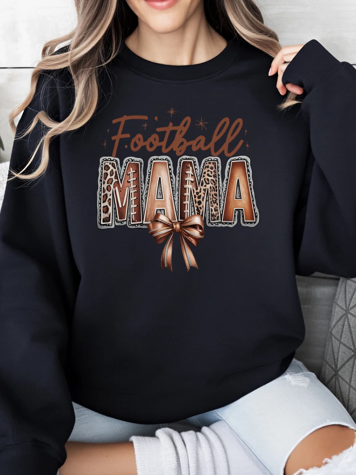 Football Mama sweatshirt with leopard print Women's casual Halloween Black Plus Sizes