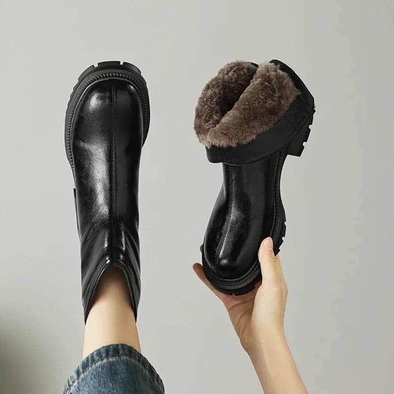 2026 new winter women ankle boots natural leather plus size 22-26cm cowhide+wool round toe thick heel back zip short boots