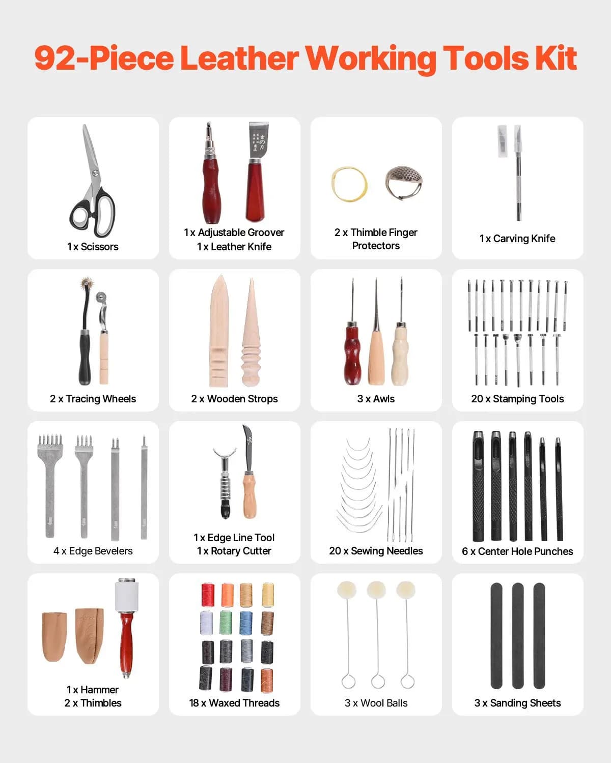 Kit di Strumenti per Lavorazione del Cuoio, 92 Pezzi con Borsa Portatile, Set per Incisione, Punzonatura, Cucitura e Stampaggio