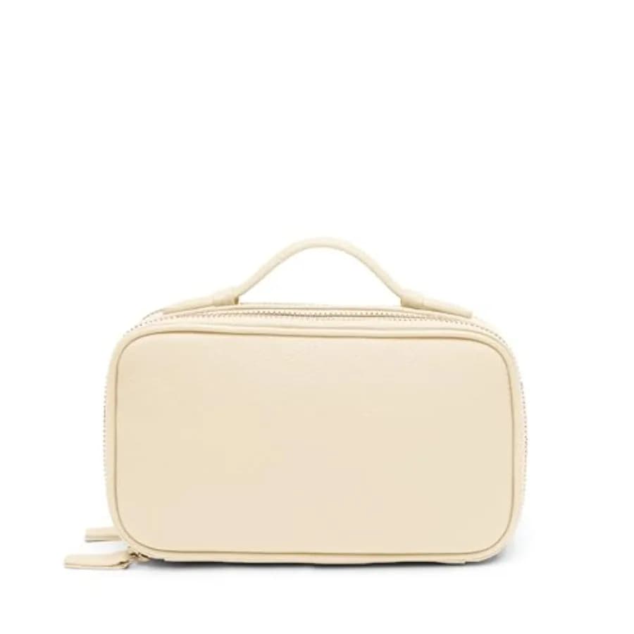 Pochette in Pelle Piccola Color Sabbia per Trucchi da Viaggio con Doppio Scomparto con Cerniera, Porta Pennelli e Fodera Resistente all'Acqua