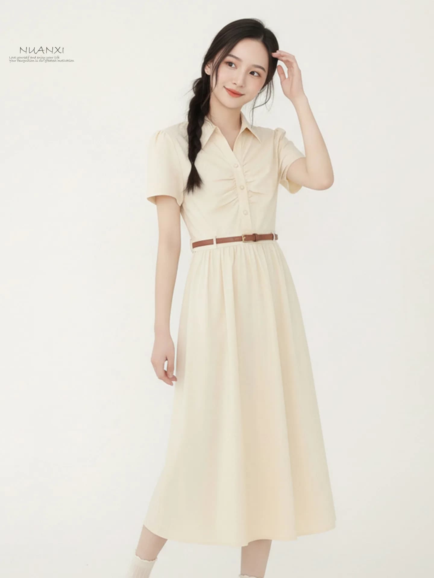Abito chemisier stile college Nuanxi da donna, estivo, elegante, lungo, con stampa a pois, maniche regolari, ideale per interviste.