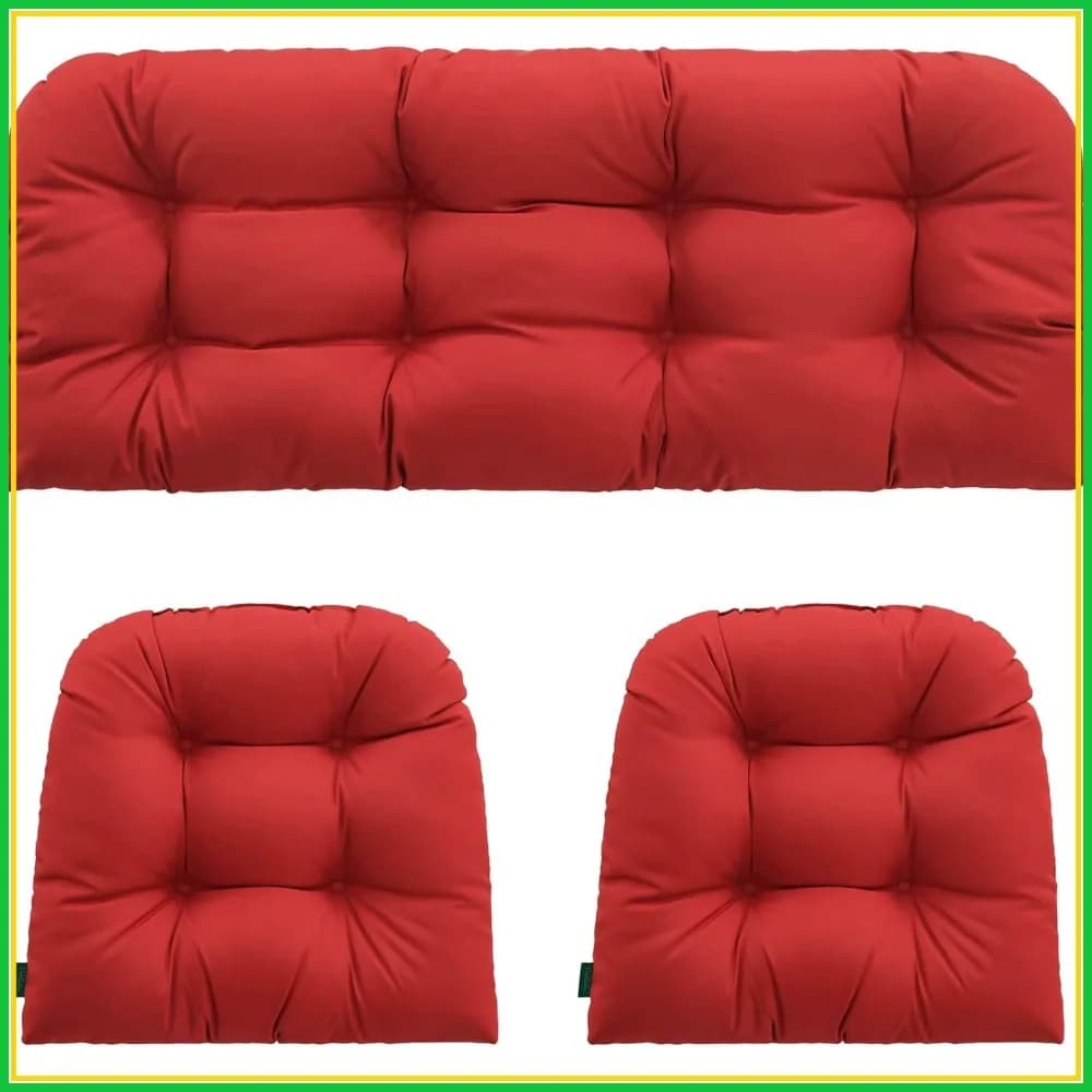 Set di cuscini per sedie in vimini per tutte le stagioni, 3 pezzi: 1 divanetto e 2 cuscini impermeabili a forma di U per patio, rosso