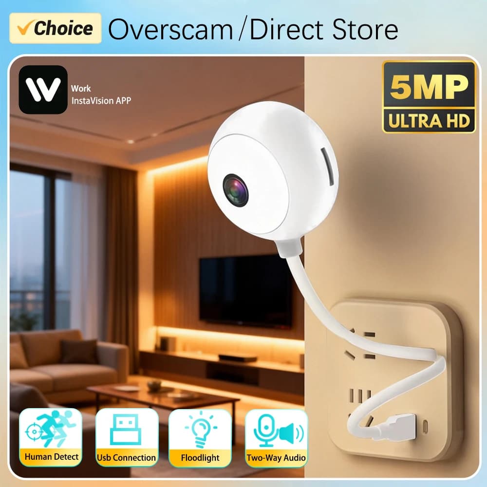 Telecamera Mini USB 5MP WiFi con Audio e Rilevamento Movimento, Piccola Telecamera di Sicurezza per Interni, Supporta Registrazione su Scheda TF 128G, Visione Notturna CCTV