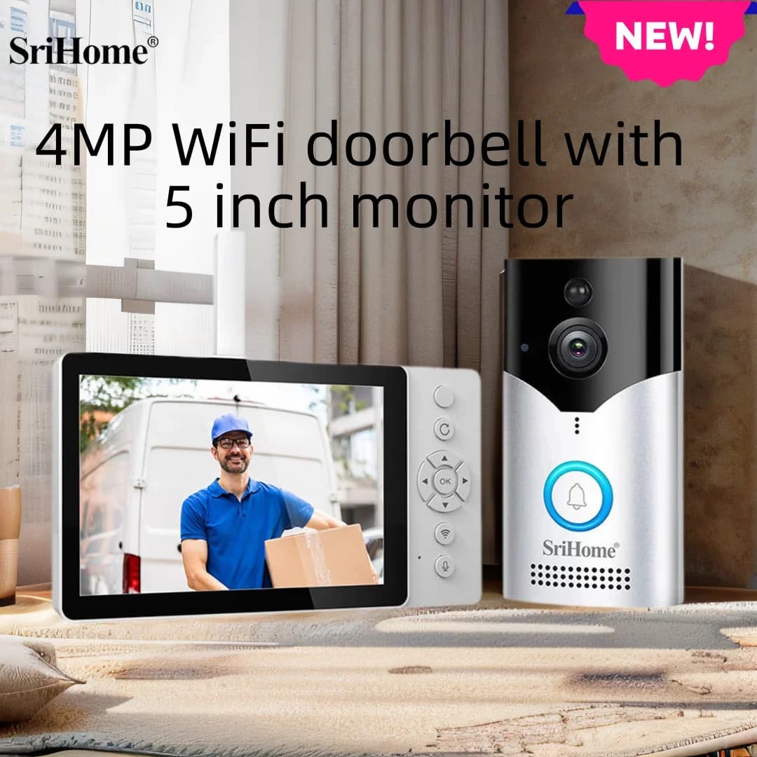 Sistema videocitofonico Srihome 4MP HD con display da 5 pollici, monitoraggio remoto tramite telefono, batteria da 5000mAh, visione notturna, campanello wireless intelligente.
