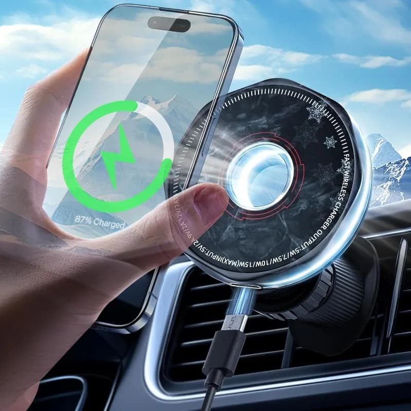 Supporto per telefono con caricabatterie wireless magnetico a LED 360 ° Staffa per cellulare con gancio per presa d'aria con rotazione per Magsafe iPhone 16~12 Ricarica rapida