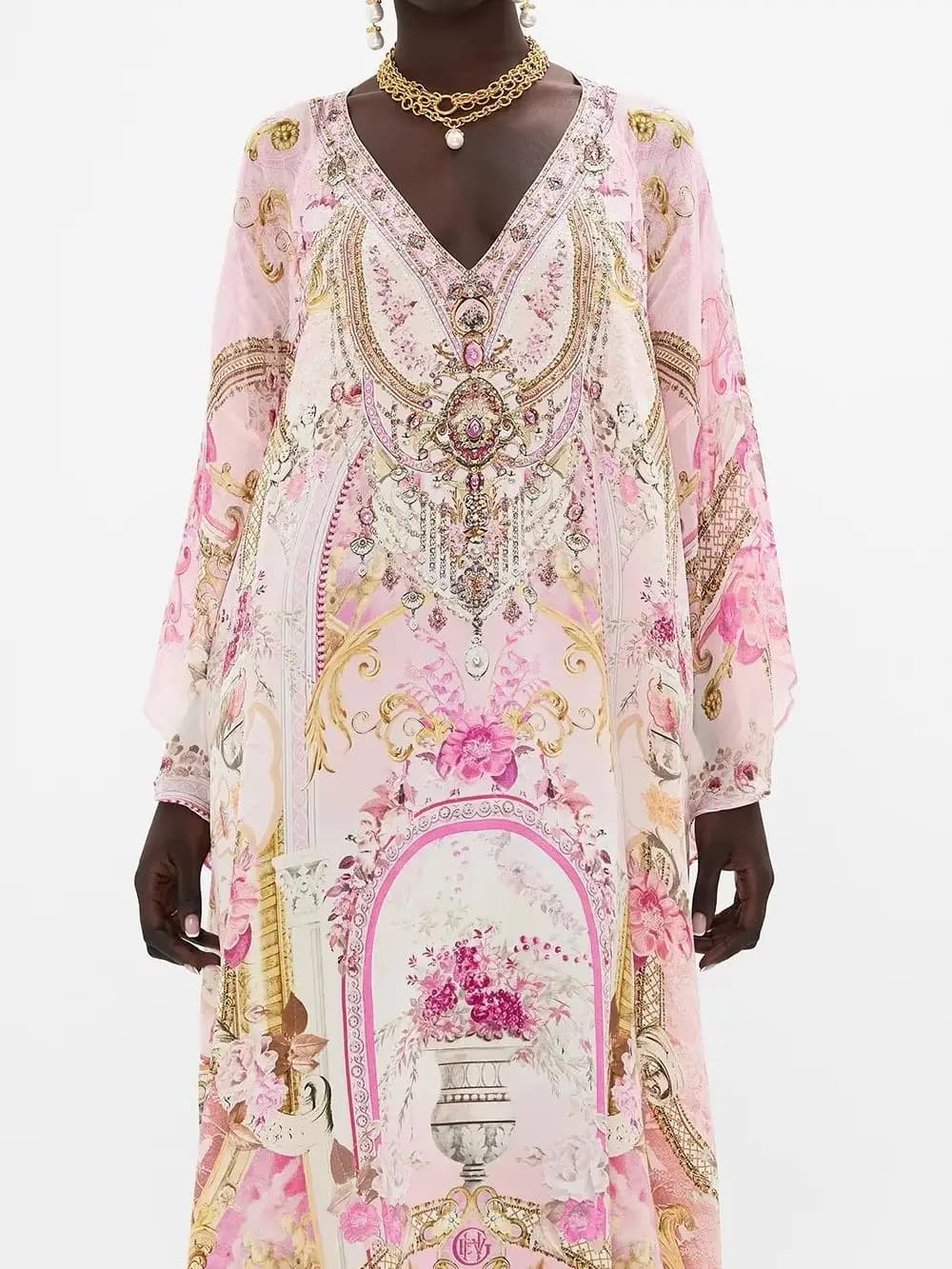 Abito Lungo Elegante da Donna in Seta 100% con Stampa Floreale, Scollo a V e Maniche a Pipistrello, Decorato con Perline Rosa