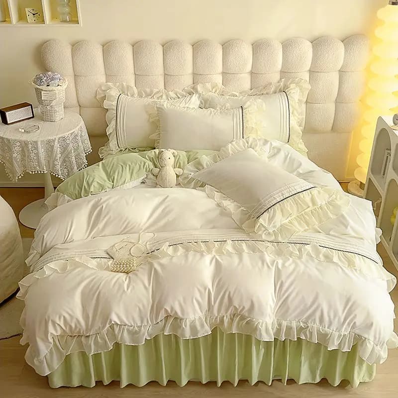 French Princess Style Washed Cotton Bedding Set - Lace Ruffled Bed Skirt, 4/3-Piece Duvet Cover & Sheets for Girls