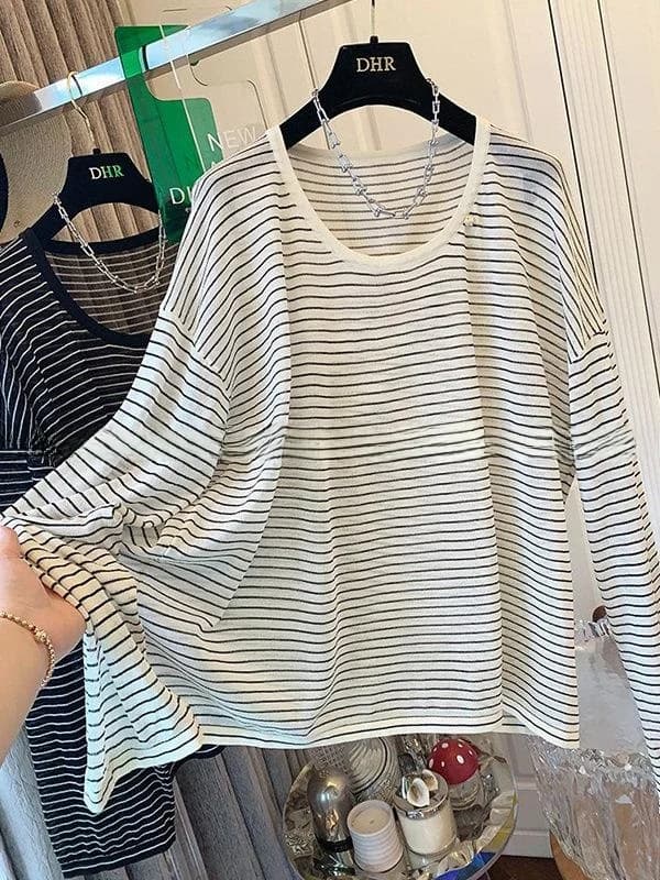 plus Size Ice Hemp Lightweight Striped Long Sleeve T-Shirt Women Summer Loose Versatile Air Conditioner Cover up City Walk