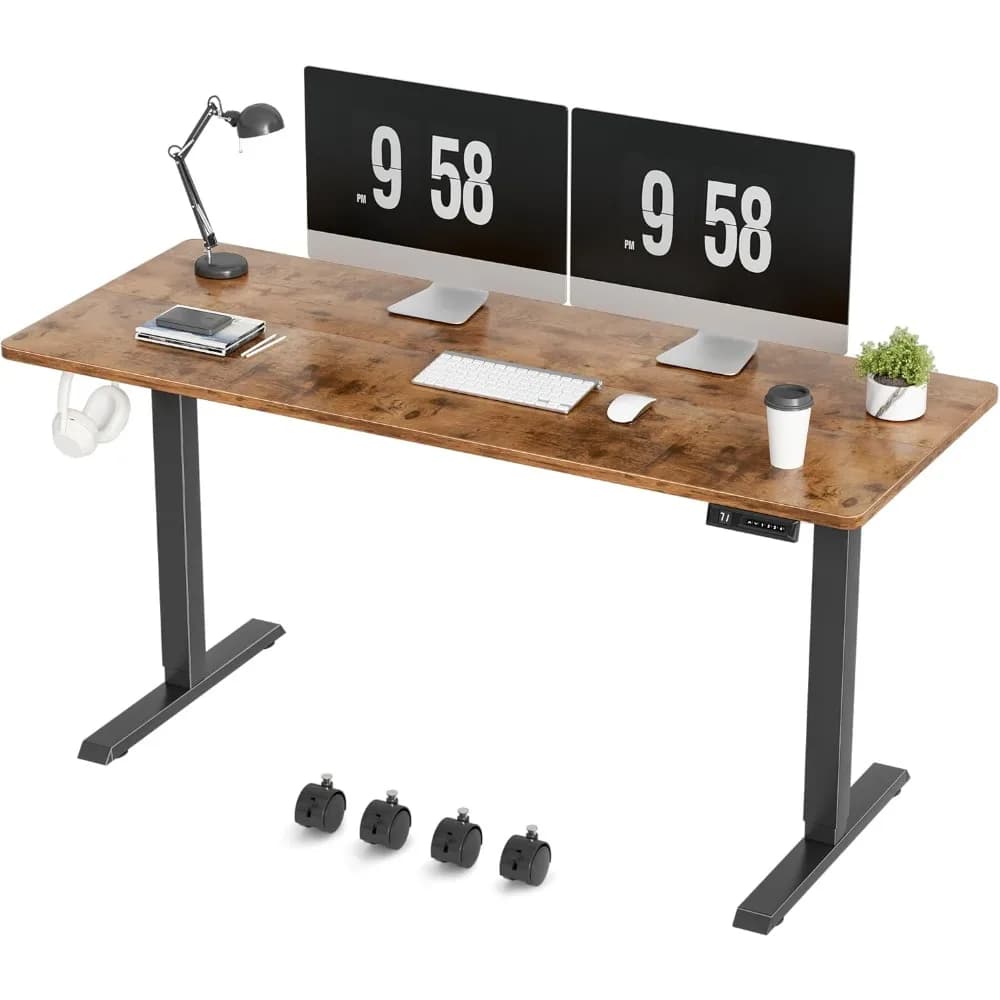 Scrivania elettrica da terra, scrivania regolabile in altezza 59 x 24 pollici con ruote, scrivania per computer da ufficio con scatola di gestione (marrone