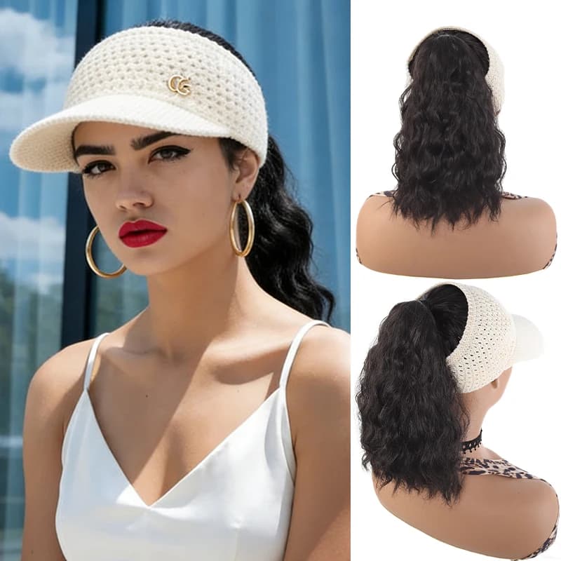 Parrucca Visor Khaki con capelli ricci a treccia, in fibra sintetica, traspirante e leggera, facile da indossare per l'estate e la spiaggia