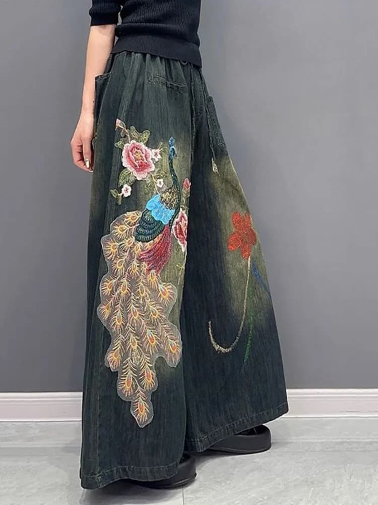 Women's Ethnic Style 2024 Autumn Korean Fashion Embroidered Denim Wide Leg Pants Versatile Straight Oversized Drawstring Jeans
