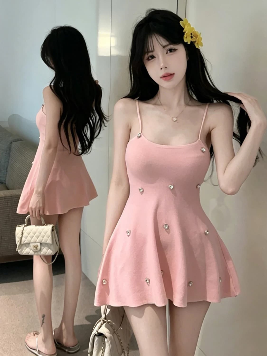 Abito a tubino in maglia a vita bassa con strass, gonna a trapezio sexy per giovani donne, stile estivo dolce e casual senza maniche