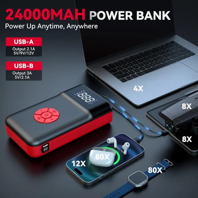 Avviatore di emergenza per auto 4000A 24000mAh Power Bank Pompa ad aria portatile 150PSI Batteria per auto Booster di emergenza Dispositivo di avviamento Avviamento per auto