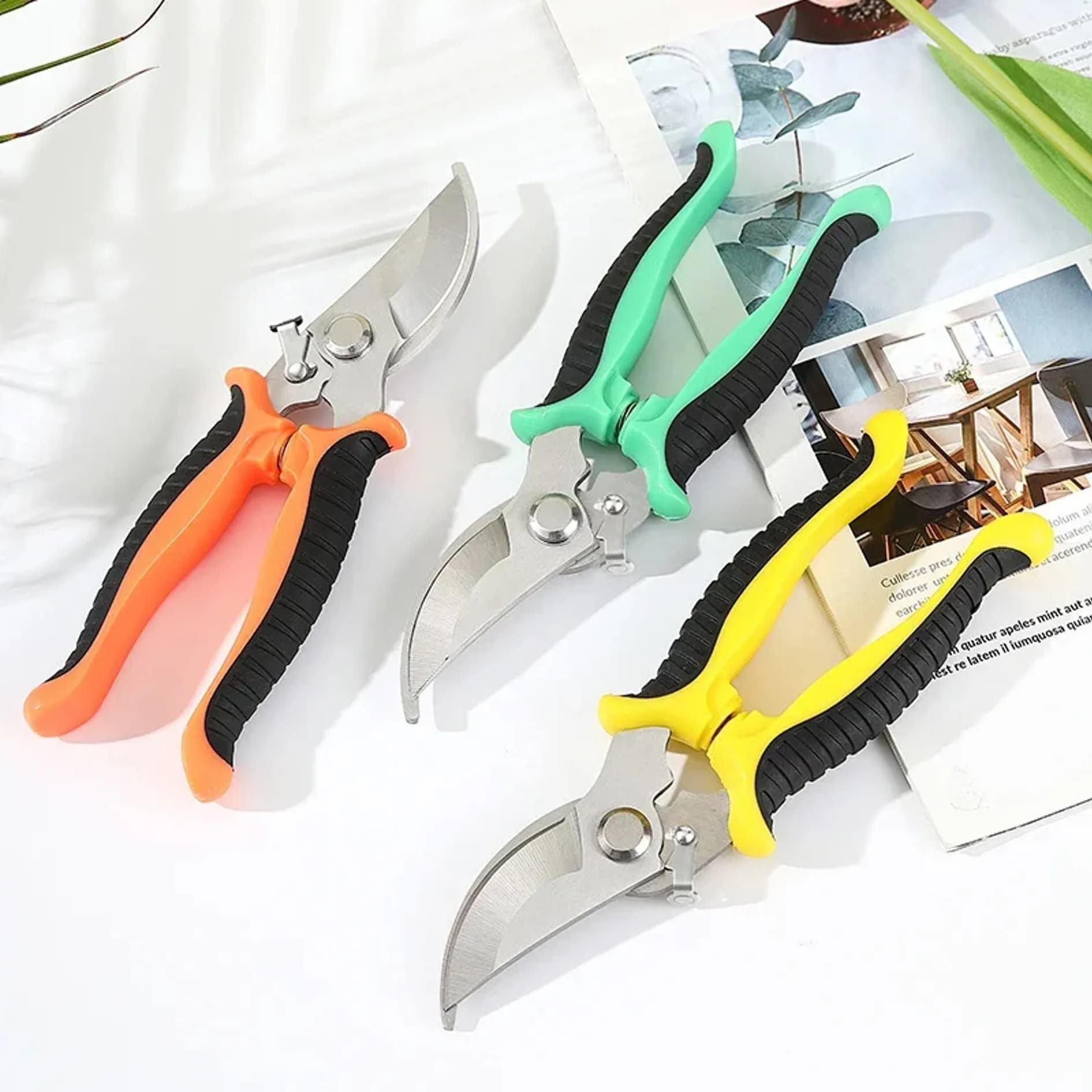 Stainless steel pruning shears, garden scissors to trim branches, collect fruit and tools to organize flowers