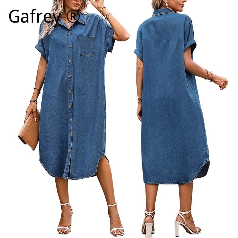 4XL 5XL Strong Size Women's Denim Dress with Front Buttons, Short Sleeves, Midi Length, Wide Fit, Casual, jeans, Summer Fashion 2026, New
