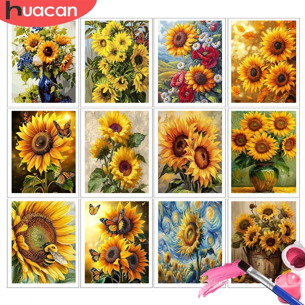 HUACAN Paint By Number Canvas Sunflower Painting Kits Pictures Oil Paint Colorful Canvas Floral Gift For Diy Wall Set