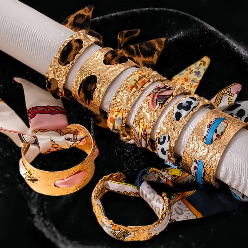 Retro Leopard PleatsExaggerated Luxury Cuff Bracelet for Women Simulated Silk Printed Silk Scarf Open Bracelets Jewelry Gift