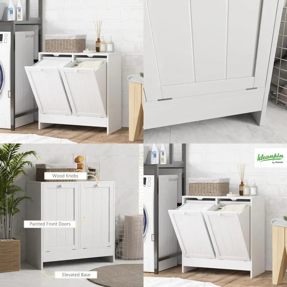 Cesto per Bucato a Due Scomparti con Contenitore e Cestino Nascosto da 19 Galloni per Bagno o Cucina, Bianco