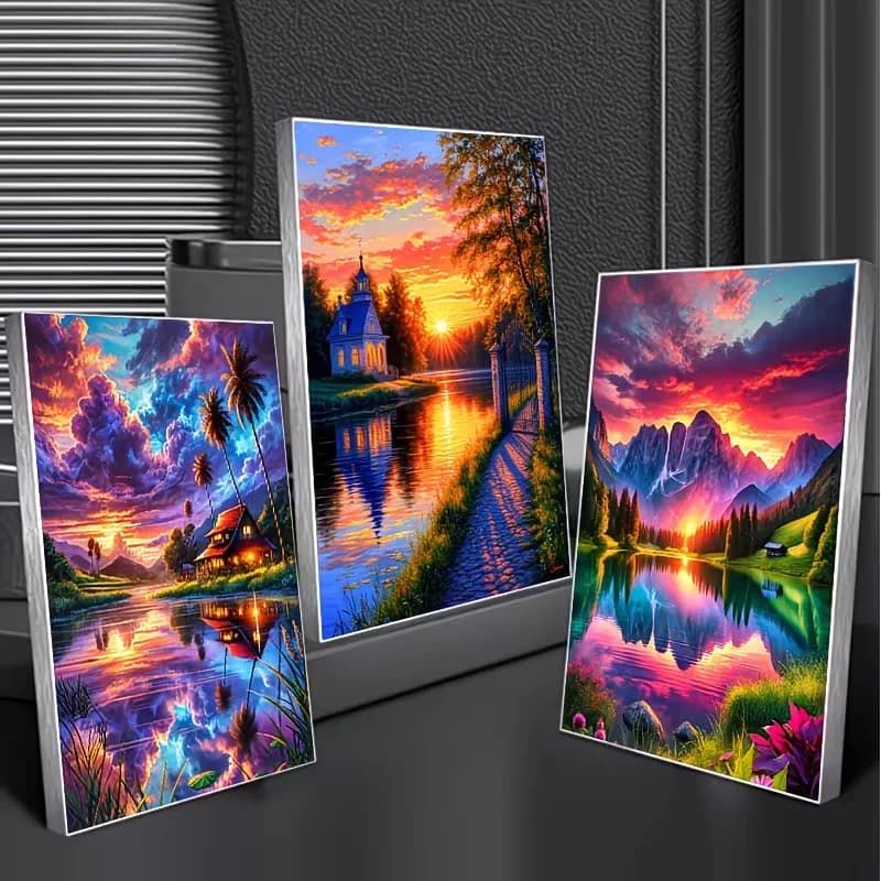 5D Diamond Painting Set,3Pcs DIY Full Square Round Diamond Embroidery Dreamy Lake Residence Sunset Scenery Cross Stitch