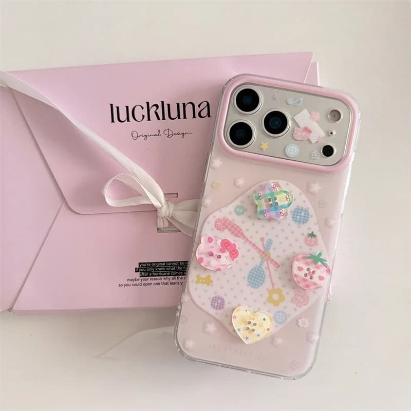 Kawaii Strawberry Print Phone Case For iPhone 15 16 17 Pro Max With 3D Button Stand Shockproof Protective Cover For Girls