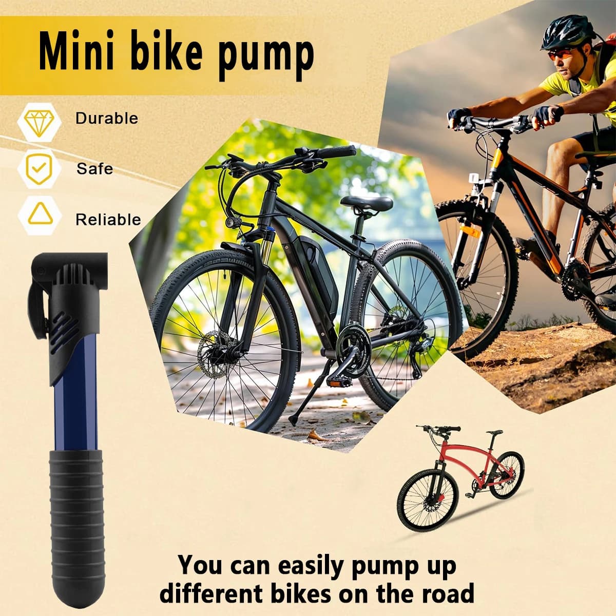 Mini Portable Bike Pump with Non-Slip Handle, Manual Inflator, Universal for Mountain and Road Bikes