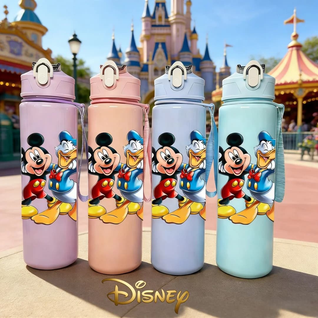 Bottle with 3D Printing Mickey Mouse and Donald Duck Ink Effect, Festive Design, New Pressure Cover, Reusable, Light
