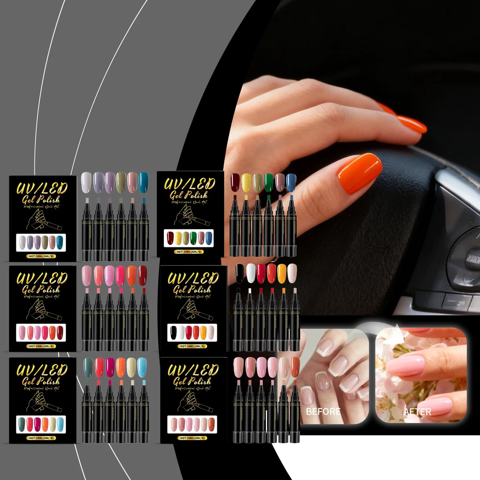 6 Colors Gel Nail Pen Set DIY Home Manicure Kit Easy Application Multi Shade Fashion Nail Art Supplies Cured By UV LED Lamp