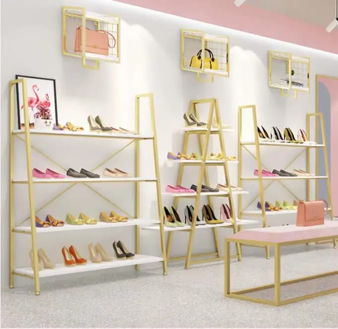 Espositore dorato per scarpe e borse, dedicato alle live streaming, mobile espositore per scarpe